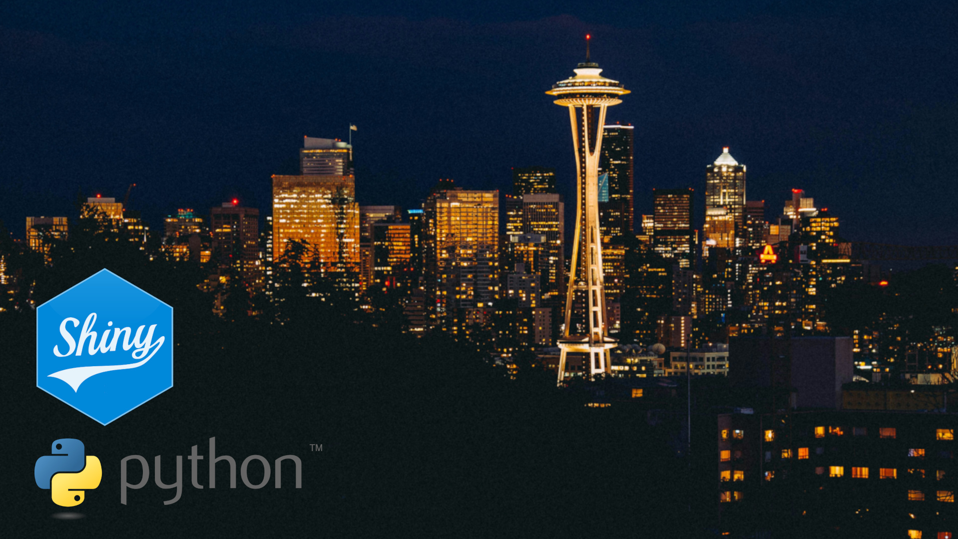 Stock photo image of the Seattle skyline, with logos for both Shiny and Python